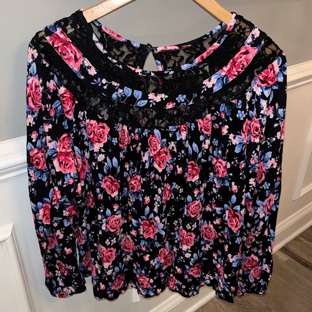 FADED GLORY Women’s Floral Lace Black Pink Blue Flowy Office Career Top - XL
